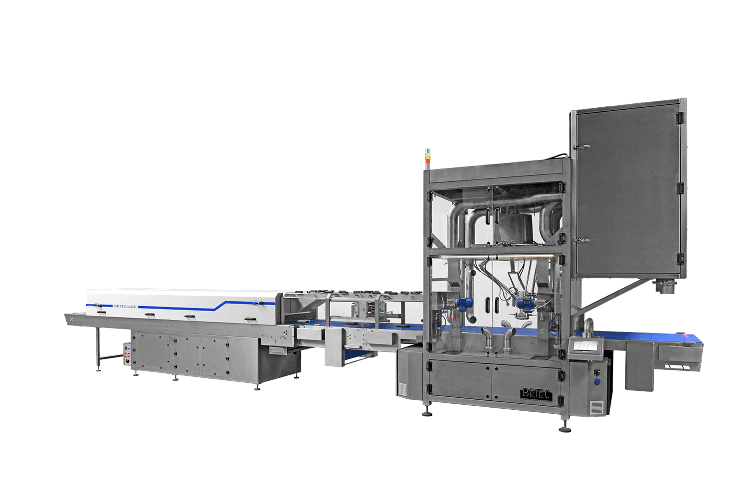 Spray robot with cooled infeed belt